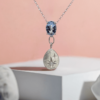 Oval Aquamarine & Star set Moissanite Sterling Silver Pendant Necklace, Ready to Ship Necklace / Pendant by Nodeform