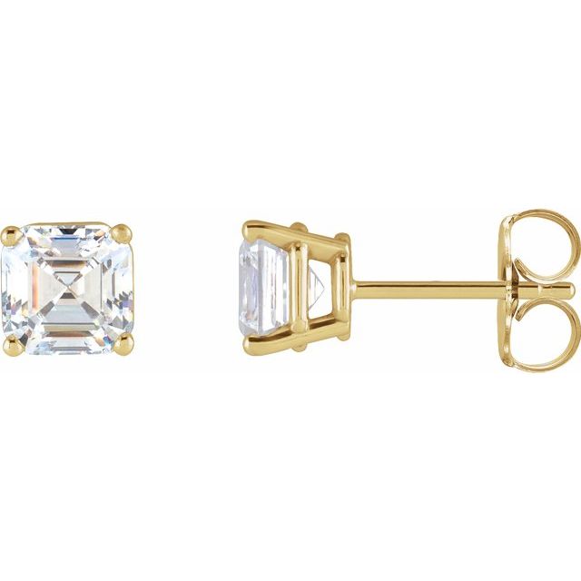 Gold earrings with clear square asscher diamonds or moissanites on a white background