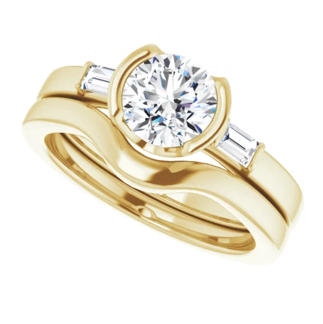 Harper Bridal Set - 1CTW Round Lab Diamond & Baguette Accented Half Bezel Engagement Ring & Band 14k Yellow Gold Ring by Nodeform