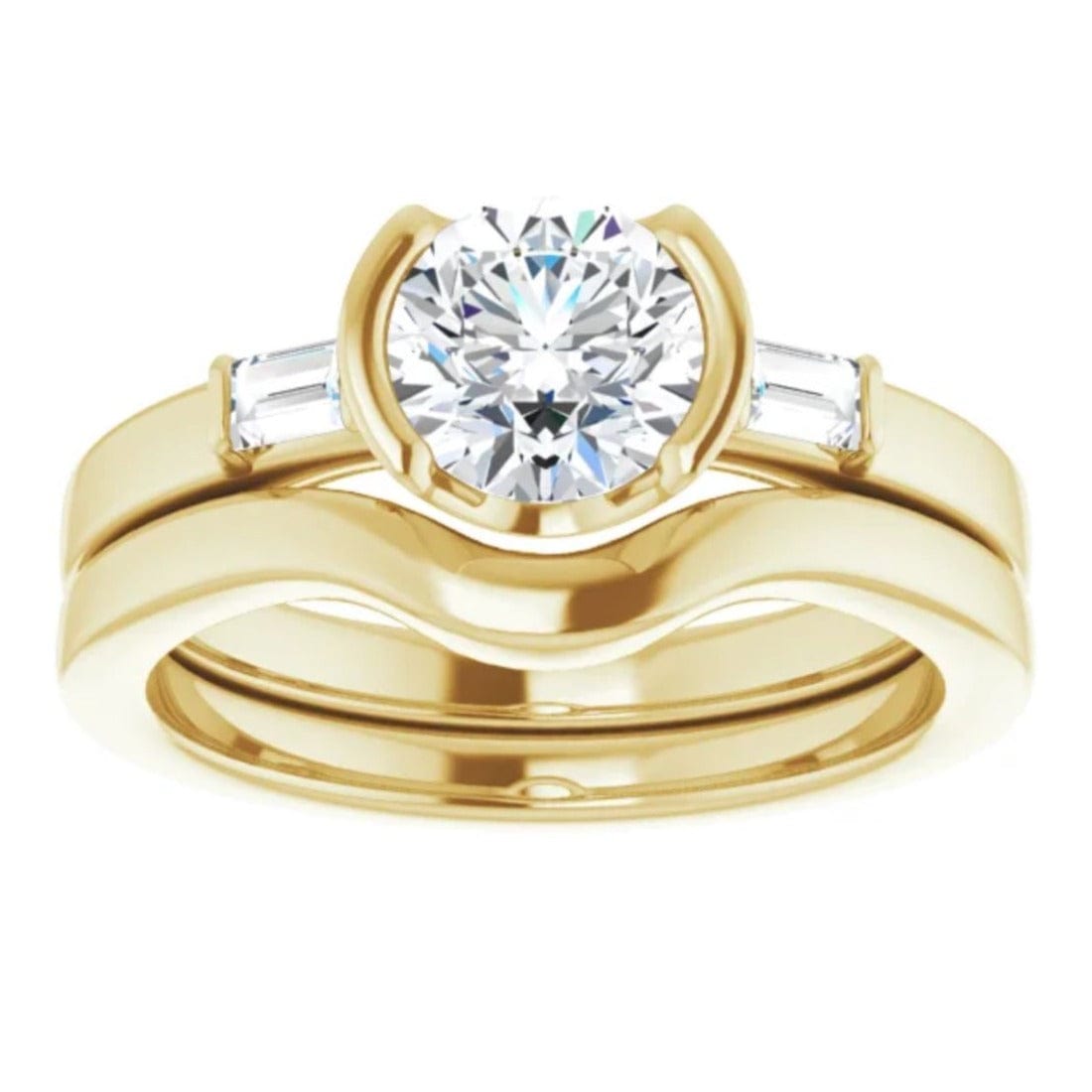 Harper Bridal Set - 1CTW Round Lab Diamond & Baguette Accented Half Bezel Engagement Ring & Band Ring by Nodeform