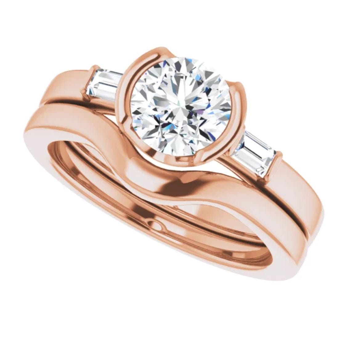 Harper Bridal Set - 1CTW Round Lab Diamond & Baguette Accented Half Bezel Engagement Ring & Band 14k Rose Gold Ring by Nodeform