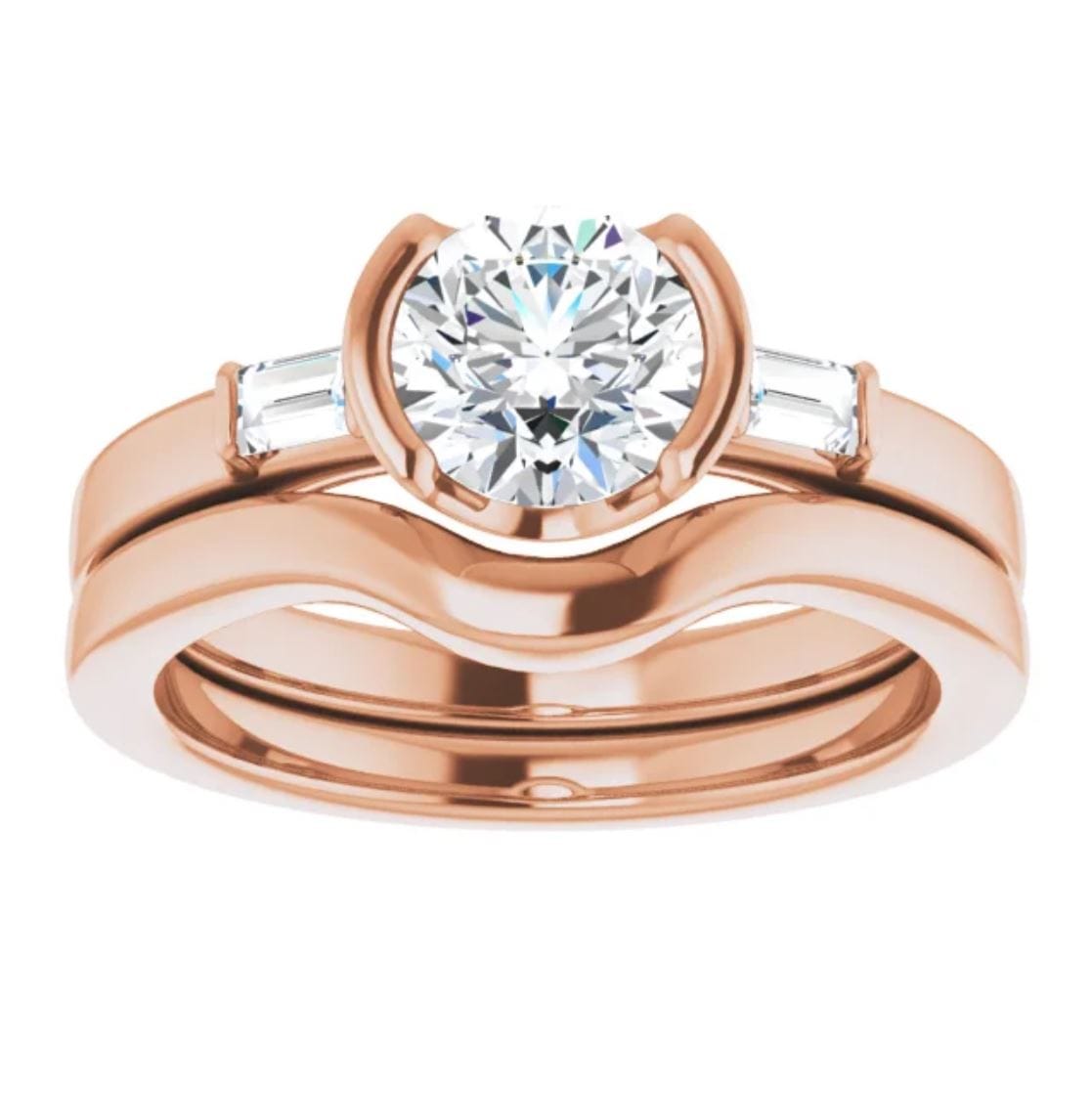 Harper Bridal Set - 1CTW Round Lab Diamond & Baguette Accented Half Bezel Engagement Ring & Band Ring by Nodeform