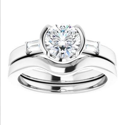 Harper Bridal Set - 1CTW Round Lab Diamond & Baguette Accented Half Bezel Engagement Ring & Band Ring by Nodeform