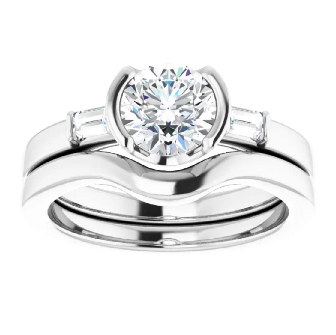 Harper Ring - 1CTW Round Lab Diamond & Baguette Accented Half Bezel Engagement Ring Ring by Nodeform