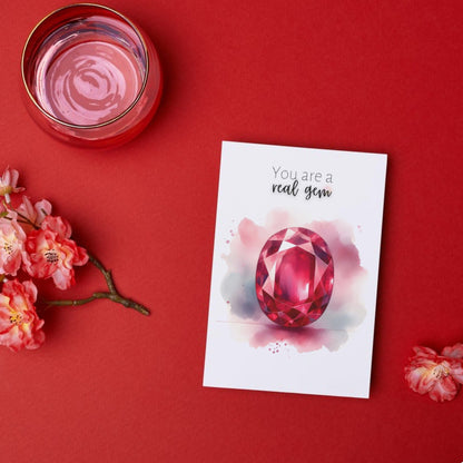 "You are a real gem" Watercolor Oval Ruby Folded Card Cards by Nodeform