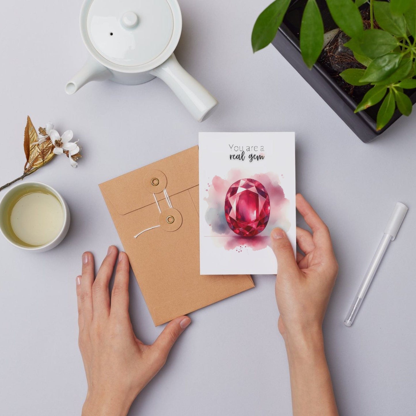 "You are a real gem" Watercolor Oval Ruby Folded Card Cards by Nodeform