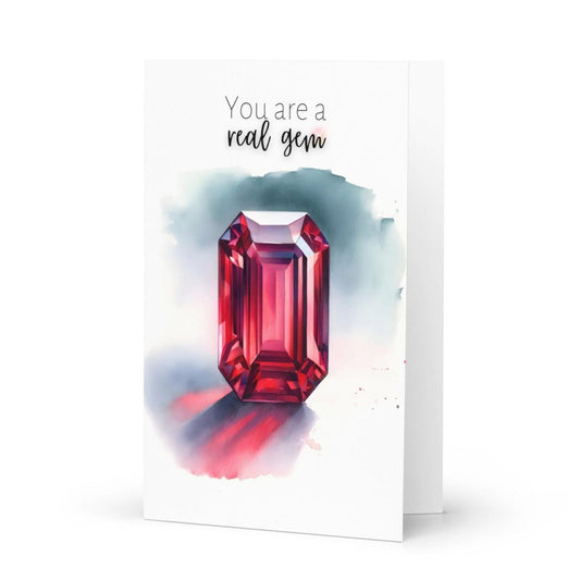 "You are a real gem" Watercolor Ruby Emerald Shape Folded Card by Nodeform