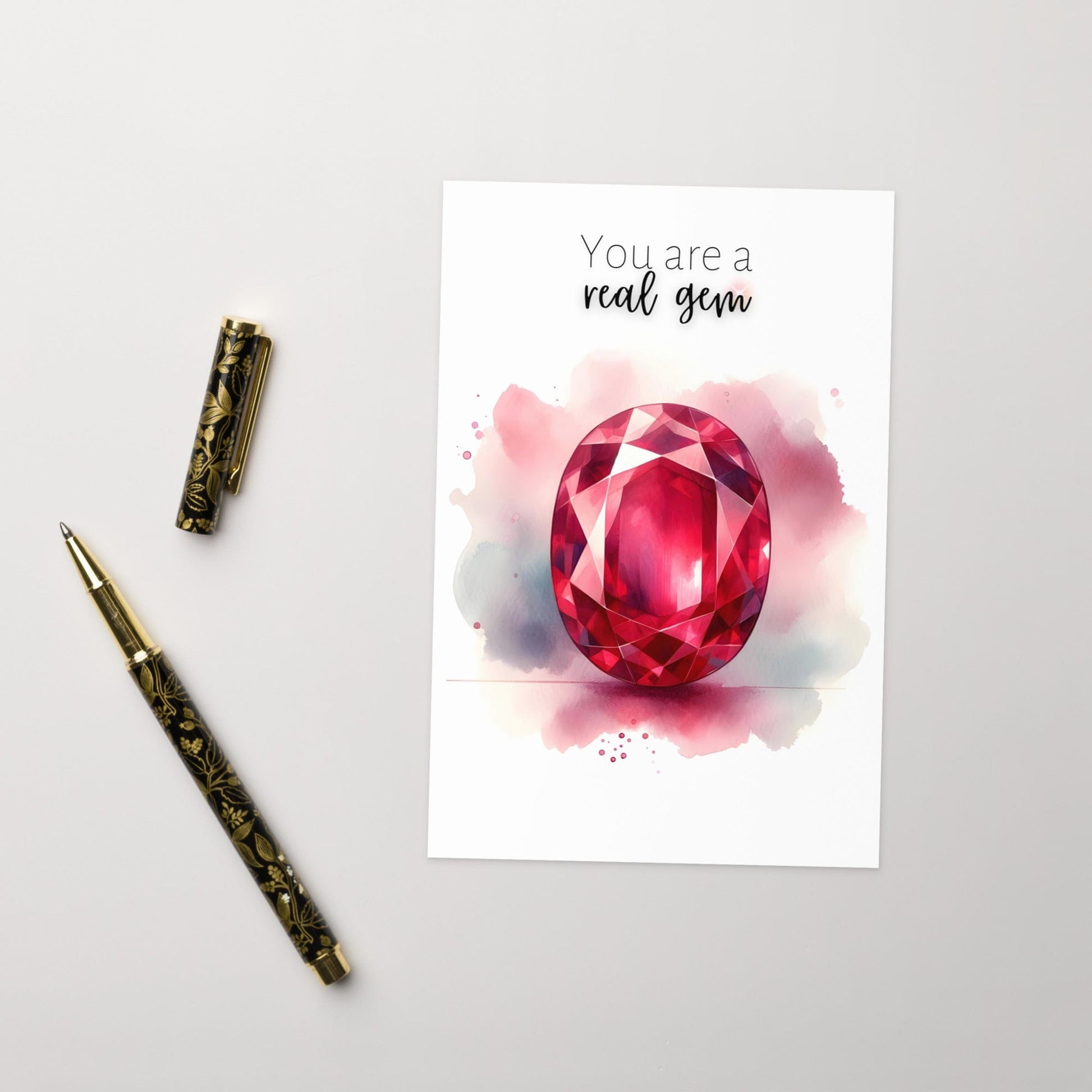 "You are a real gem" Watercolor Oval Ruby Folded Card Cards by Nodeform