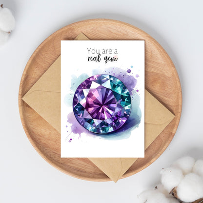 "You are a real Gem" Watercolor Round Alexandrite Greeting Card Cards by Nodeform