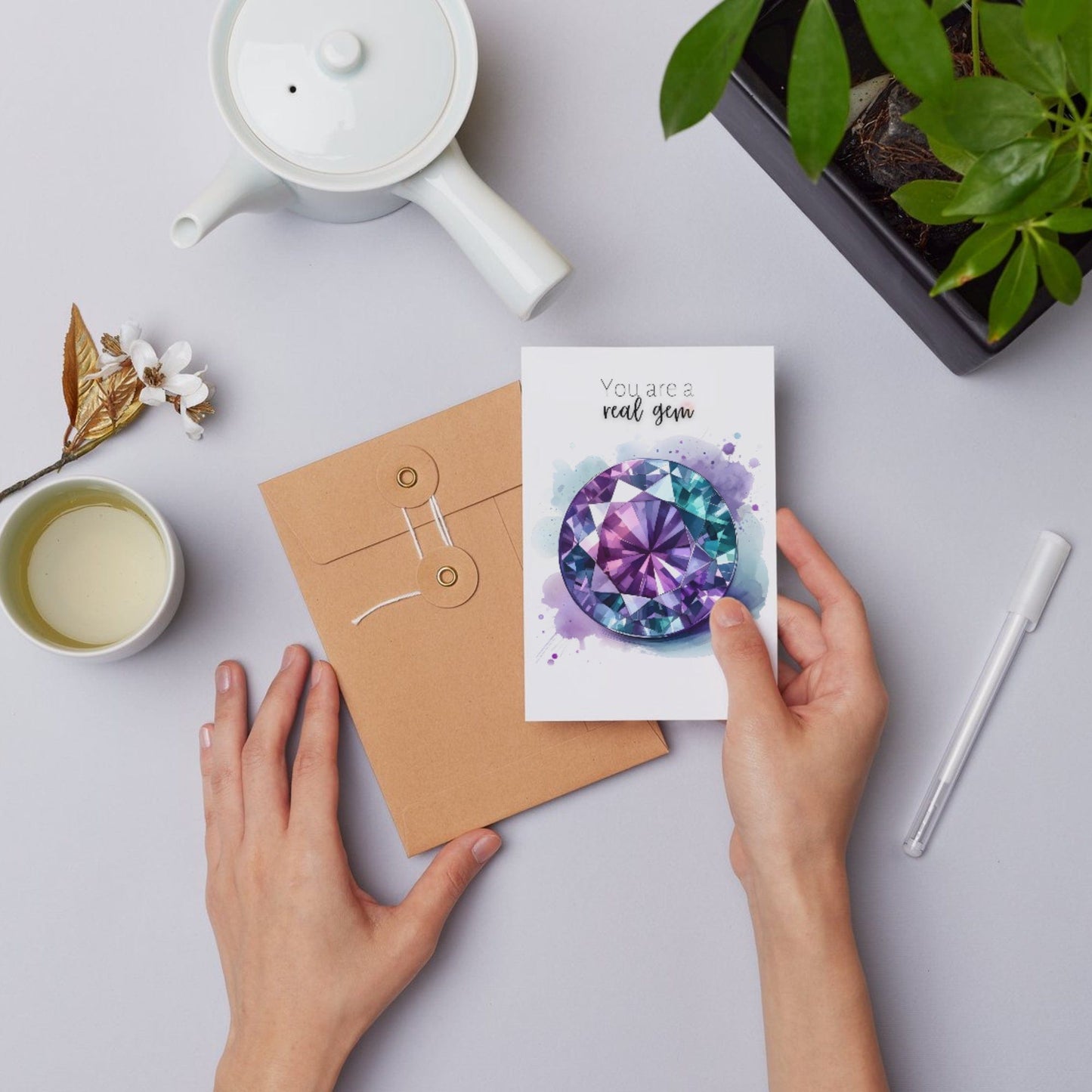 "You are a real Gem" Watercolor Round Alexandrite Greeting Card Cards by Nodeform