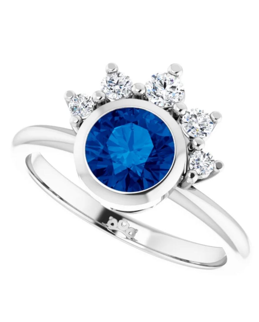 Juno - Bezel Set Round Blue Sapphire Engagement Ring with Half Halo