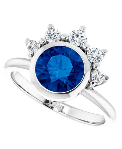 Juno - Bezel Set Round Blue Sapphire Engagement Ring with Half Halo