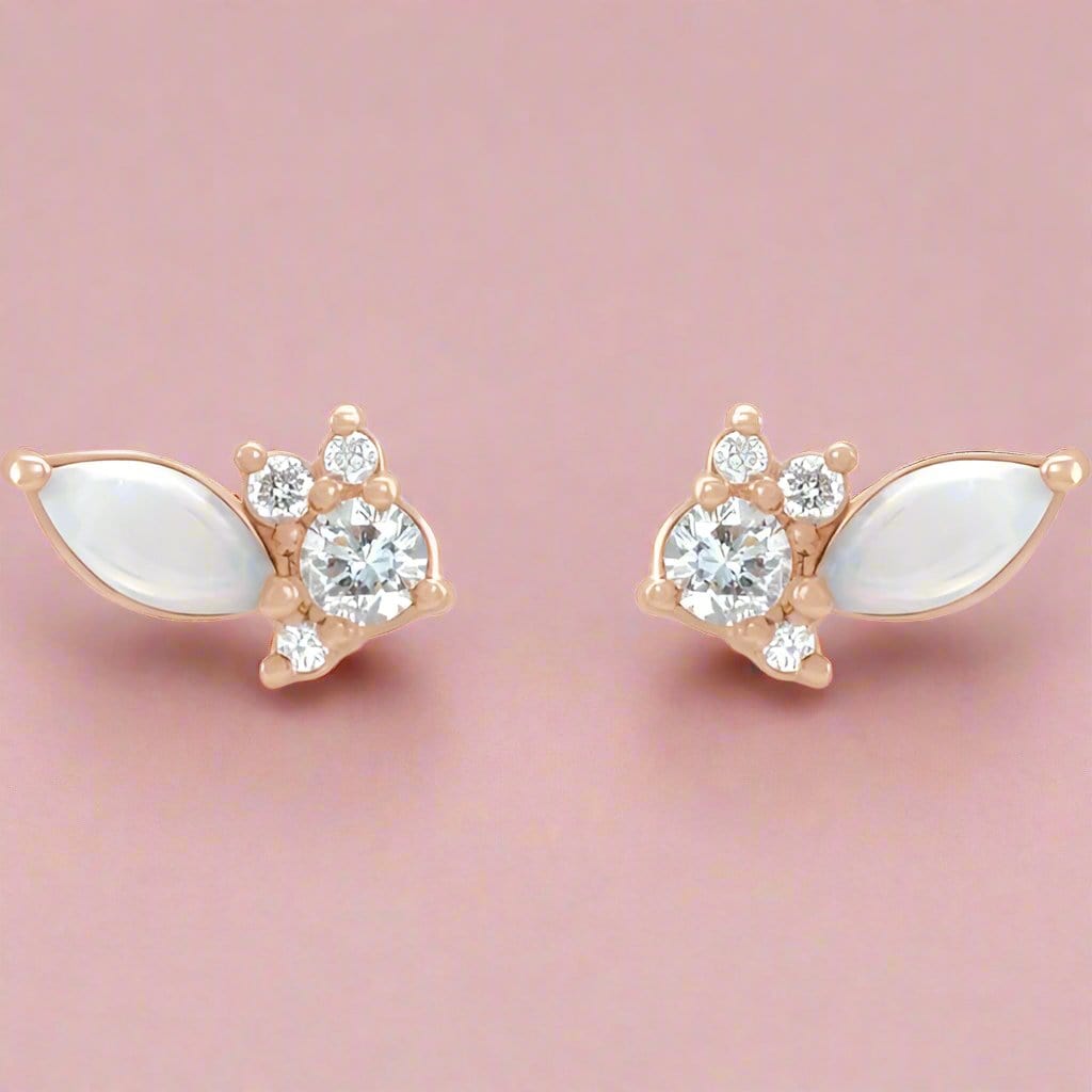 Marquise Opal & Diamond Cluster Gold or Platinum Leaf Stud Earrings Earrings by Nodeform