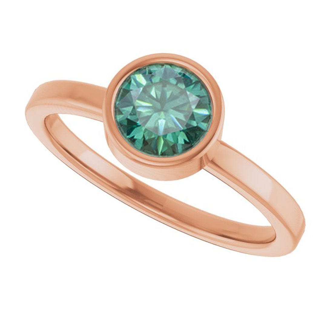 Minimal Round Green Moissanite Bezel Low Profile Solitaire Engagement Ring 14k Rose Gold Ring by Nodeform