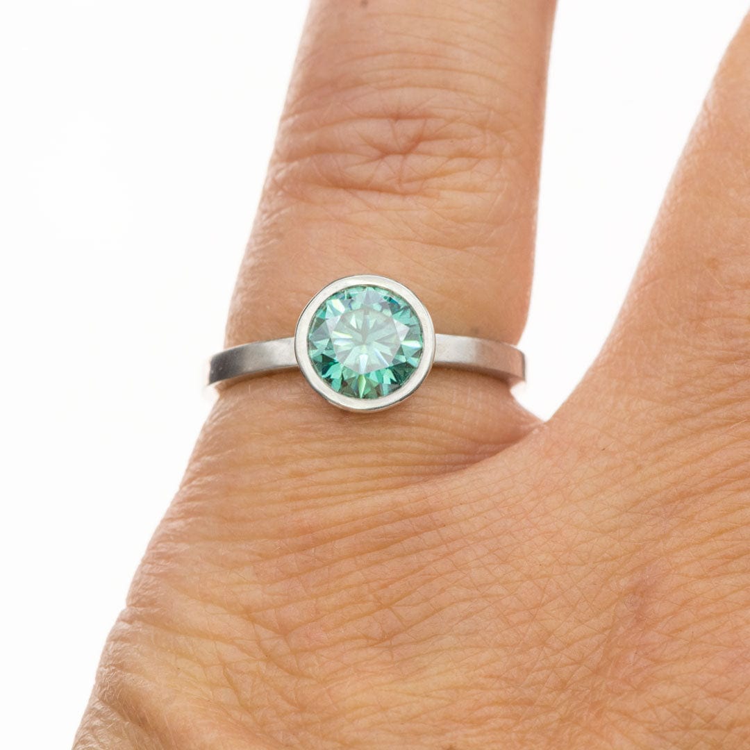 Minimal Round Green Moissanite Bezel Low Profile Solitaire Engagement Ring Ring by Nodeform