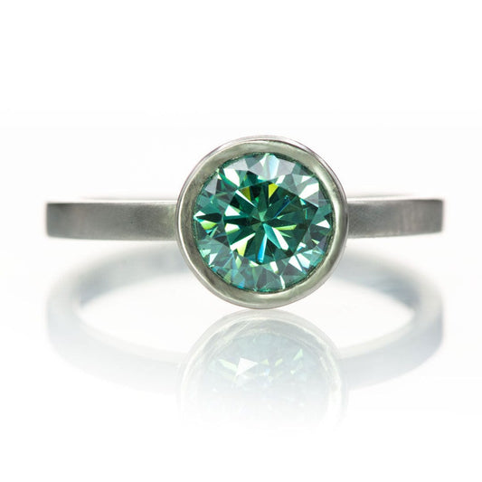 Minimal Round Green Moissanite Bezel Low Profile Solitaire Engagement Ring Ring by Nodeform