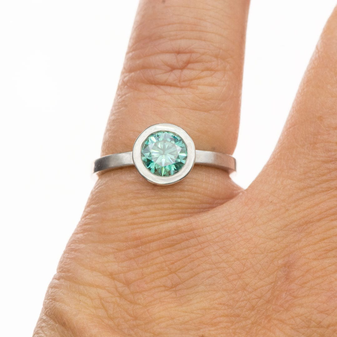 Minimal Round Green Moissanite Wide Bezel Low Profie Solitaire Platinum Engagement Ring Ring Ready To Ship by Nodeform