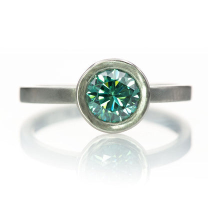 Minimal Round Green Moissanite Wide Bezel Low Profie Solitaire Platinum Engagement Ring Ring Ready To Ship by Nodeform