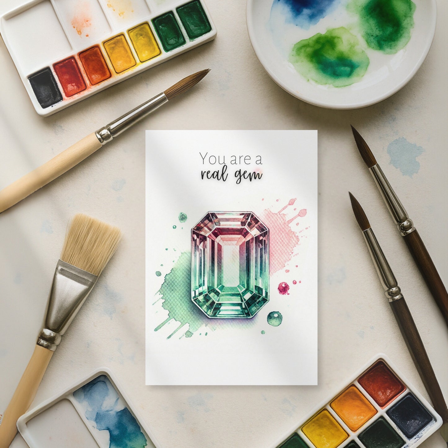 You are a real Gem | Watercolor Emerald-cut Bi-color Tourmaline October birthstone  Folded  Birthday Card