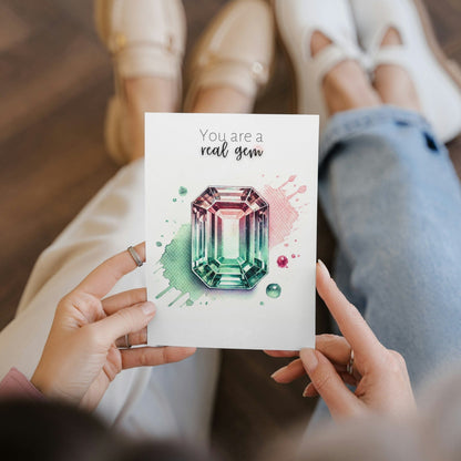 "You are a real Gem" Watercolor Emerald-cut Bi-color Tourmaline Folded Card Cards by Nodeform