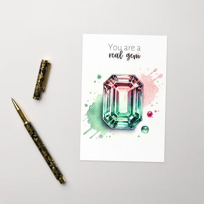 "You are a real Gem" Watercolor Emerald-cut Bi-color Tourmaline Folded Card Cards by Nodeform