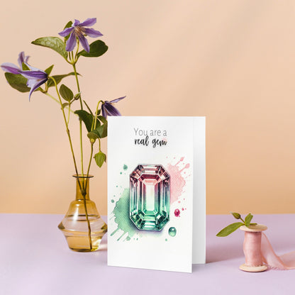 You are a real Gem | Watercolor Emerald-cut Bi-color Tourmaline October birthstone  Folded  Birthday Card