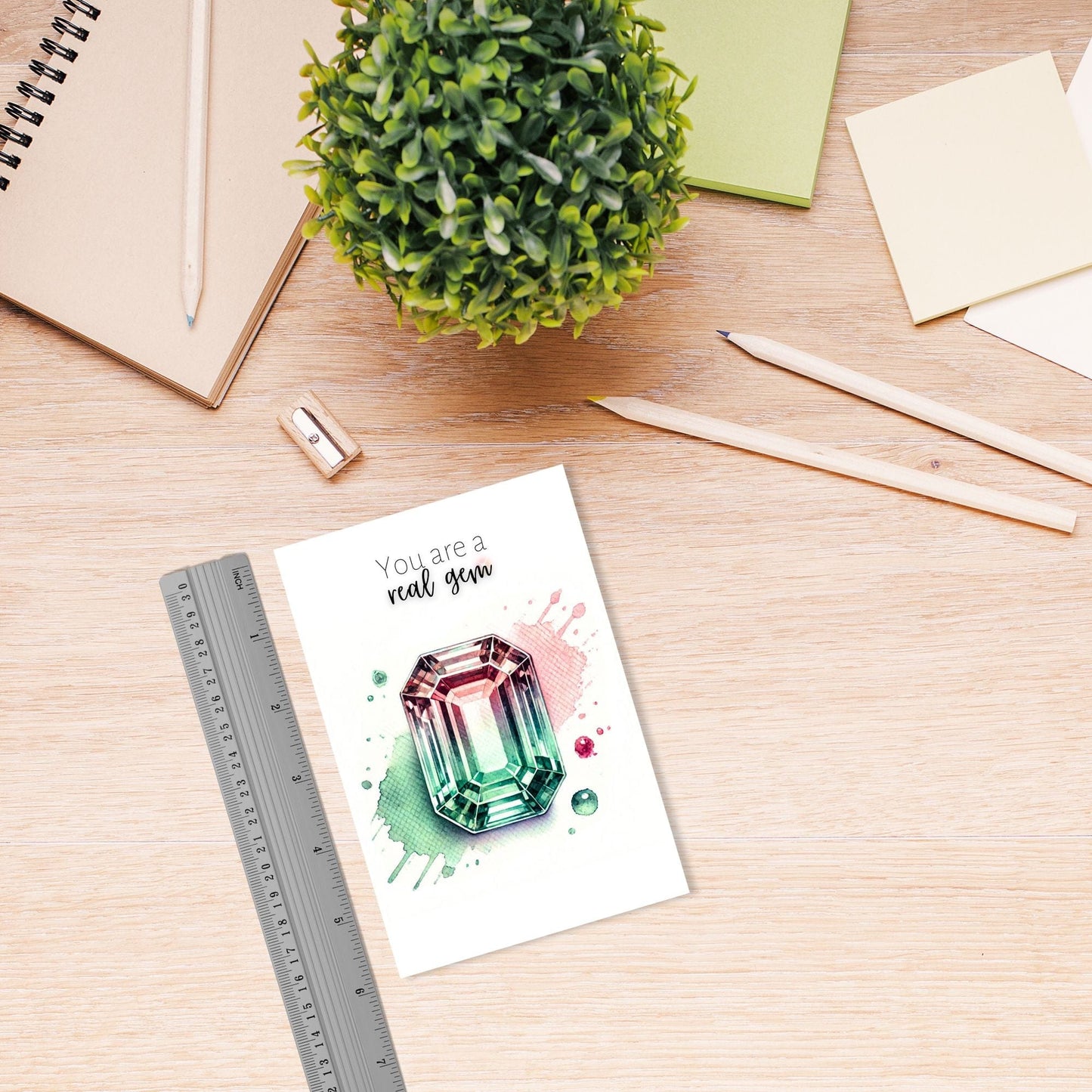 "You are a real Gem" Watercolor Emerald-cut Bi-color Tourmaline Folded Card Cards by Nodeform