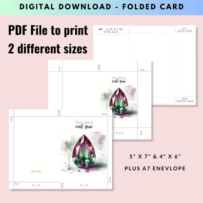 digital "You are a real Gem" Watercolor Pear Bi-color Tourmaline Folded Birthstone Card by Nodeform