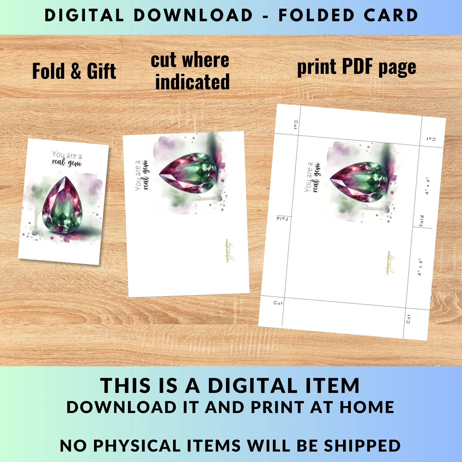 digital "You are a real Gem" Watercolor Pear Bi-color Tourmaline Folded Birthstone Card by Nodeform