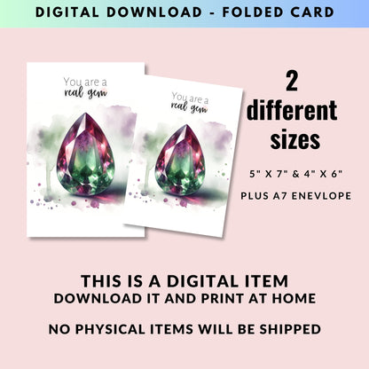 digital pdf "You are a real Gem" Watercolor Pear Bi-color Tourmaline Folded Birthstone Card by Nodeform