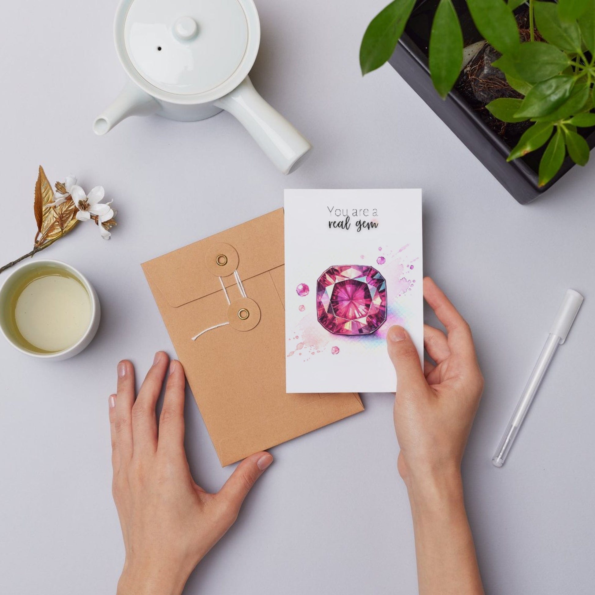 "You are a real Gem" Watercolor Pink Tourmaline Folded Card Cards by Nodeform