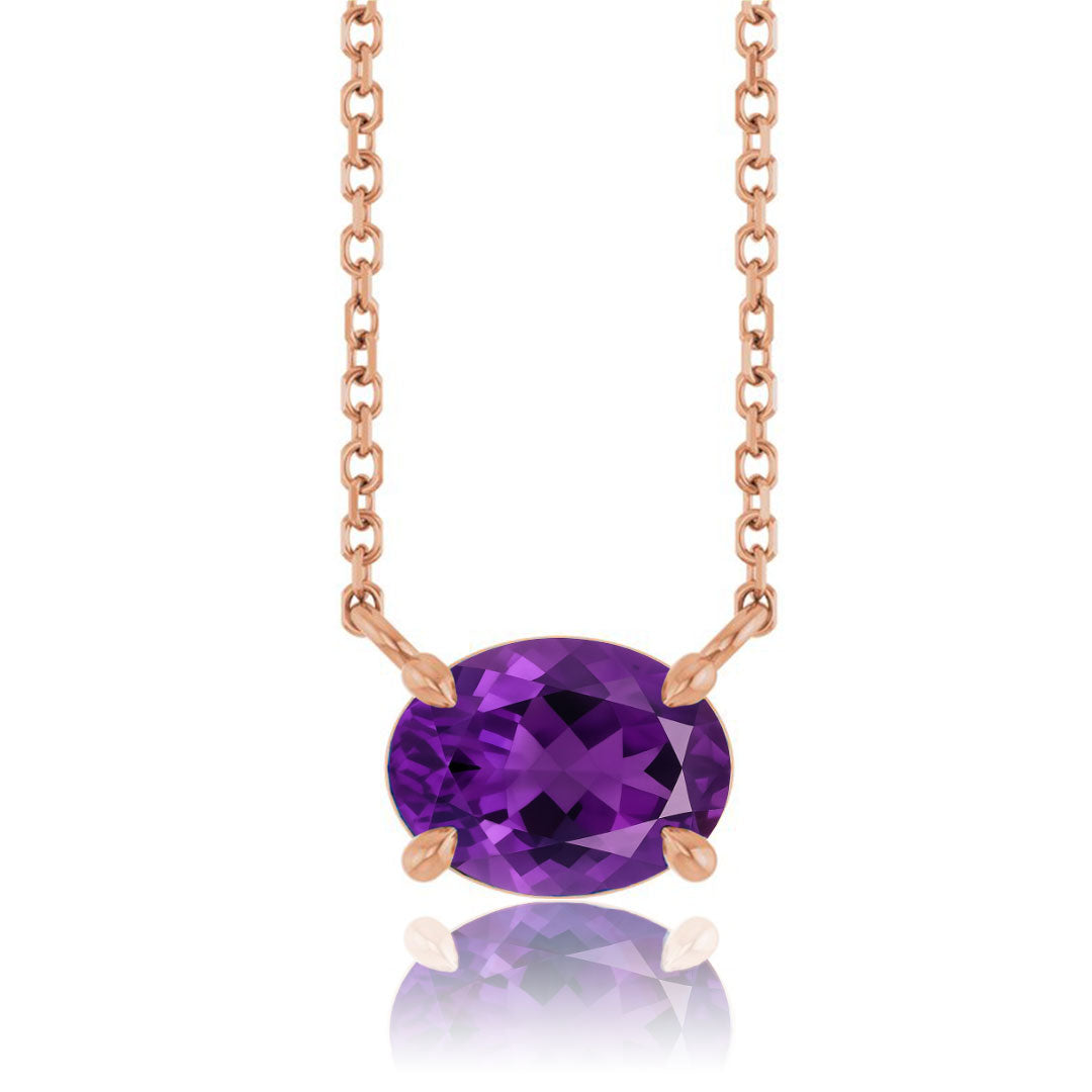 Sideways set Oval Amethyst Prong Set Birthstone Pendant Necklace in rose gold