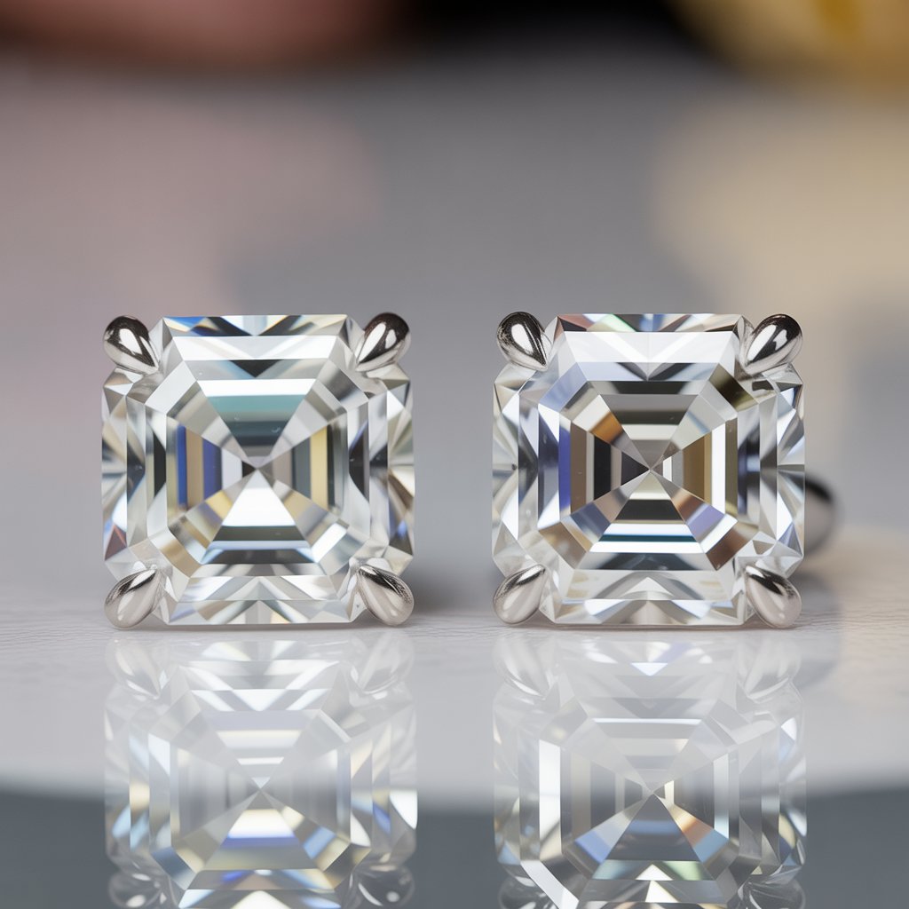 Pair of asscher cut moissanites or diamond stud earrings on a reflective surface with a blurred background