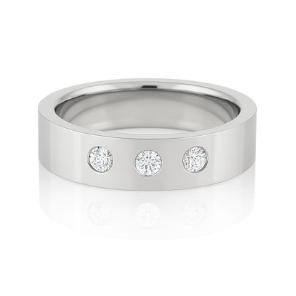 Sia Ring - 6mm wide 3 Diamond, Moissanite or Sapphire Flush Set Flat Wedding Band