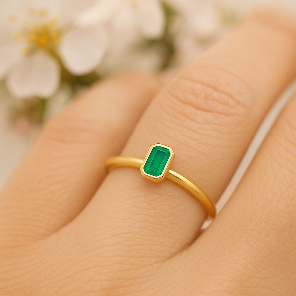 Step Cut Emerald Stacking Bezel Set Solitaire Promise Ring