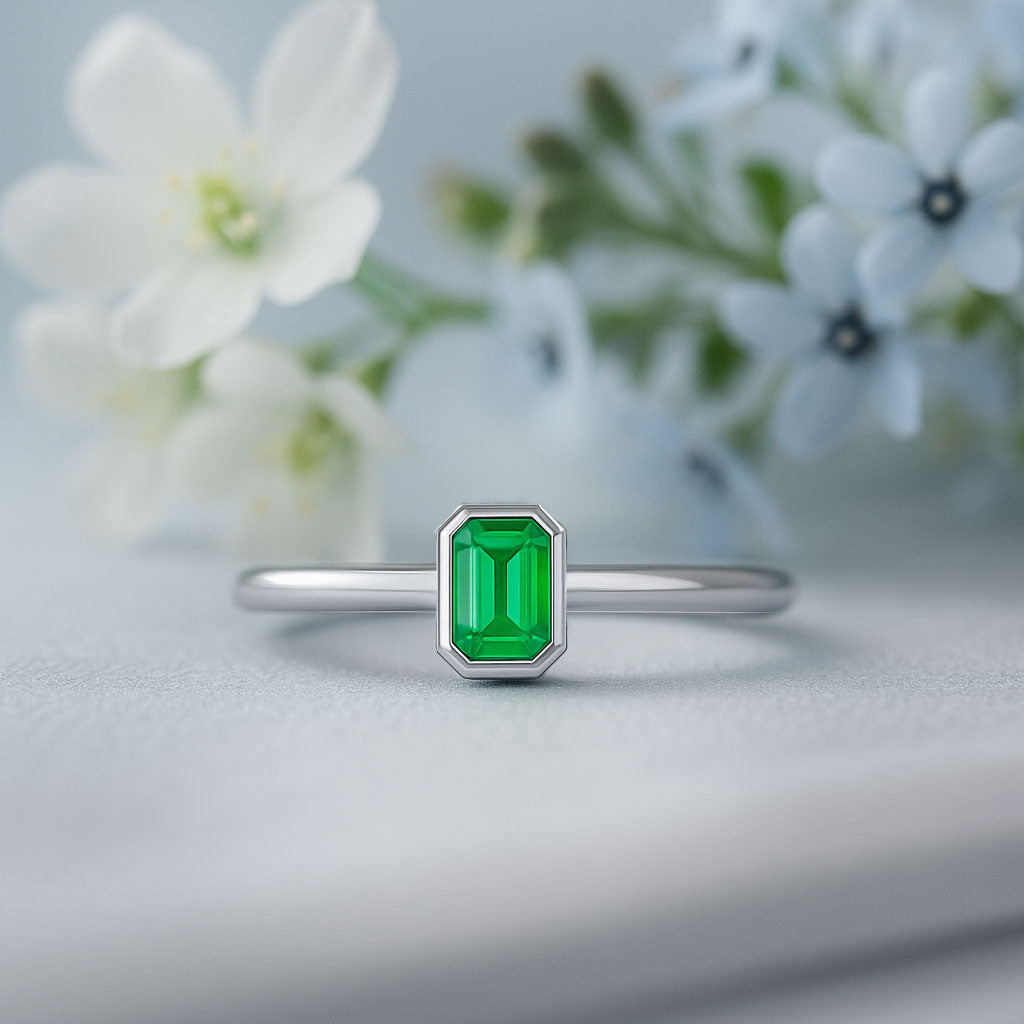 Step Cut Emerald Stacking Bezel Set Solitaire Promise Ring