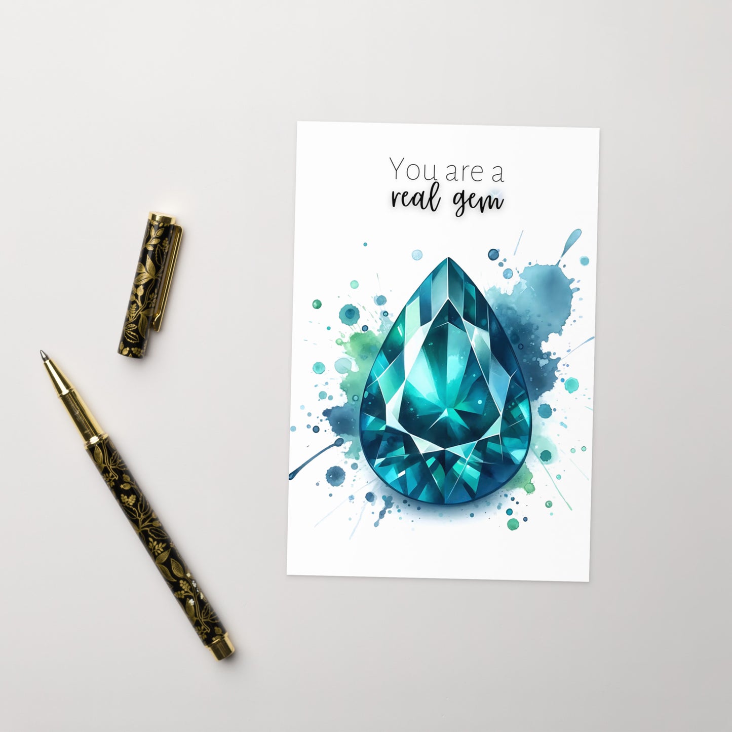 Watercolor Pear Teal Sapphire You are a Real Gem Greeting Card with pen