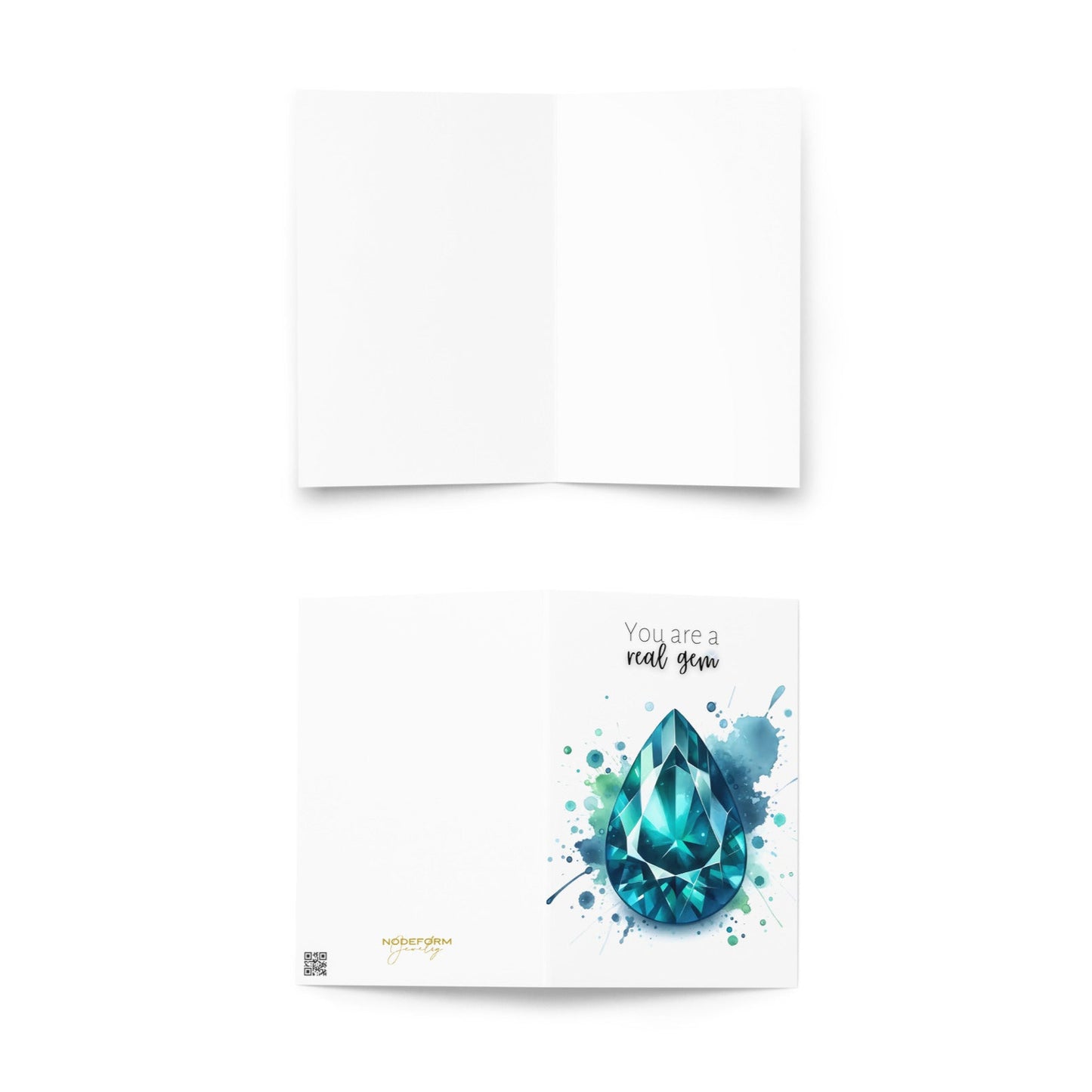 outside and inside of Watercolor Pear Teal Sapphire You are a Real Gem Greeting Card