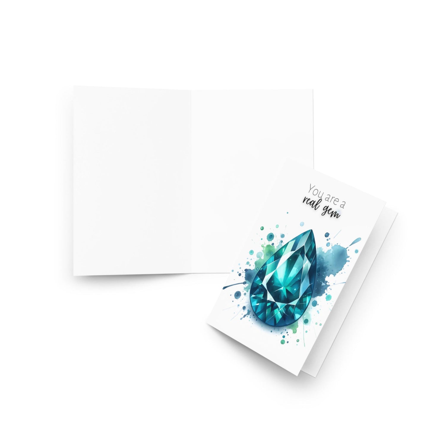 front and inside of Watercolor Pear Teal Sapphire You are a Real Gem Greeting Card