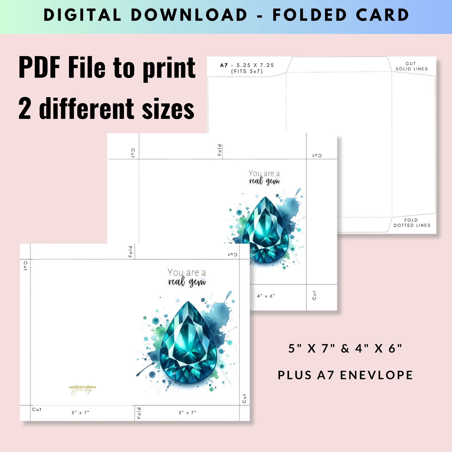 digital download explainer of Watercolor Pear Teal Sapphire You are a Real Gem Greeting Card