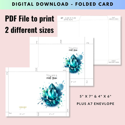 digital download explainer of Watercolor Pear Teal Sapphire You are a Real Gem Greeting Card