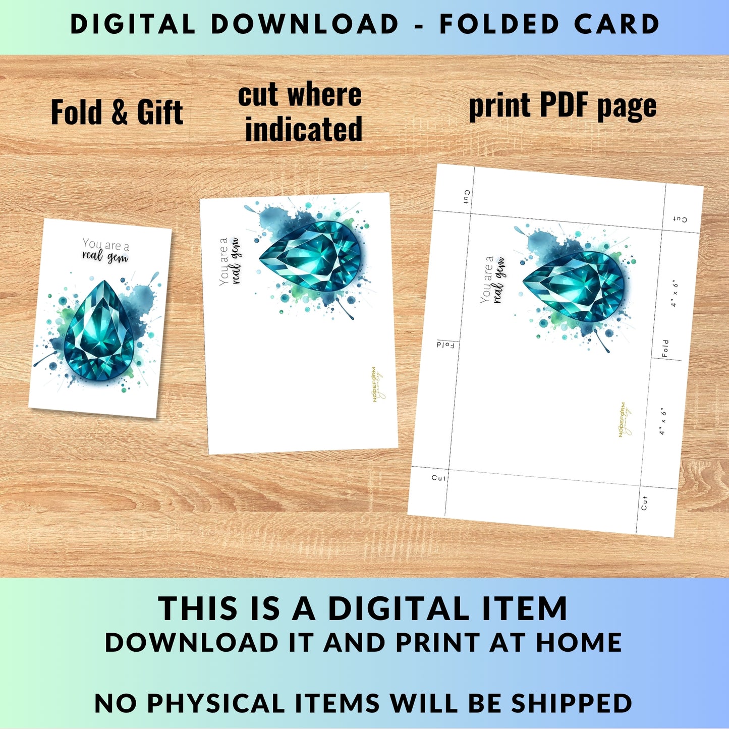 cutting instructions for Watercolor Pear Teal Sapphire You are a Real Gem Greeting Card