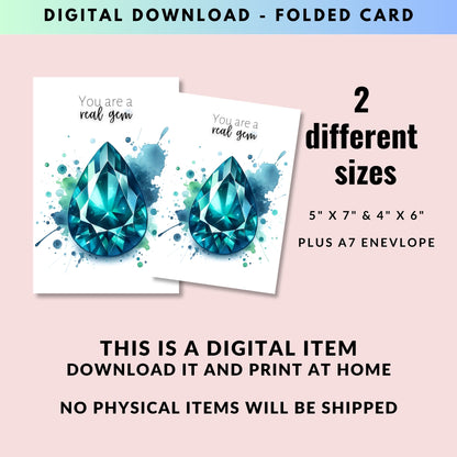 2 sizes of the Watercolor Pear Teal Sapphire You are a Real Gem Greeting Card