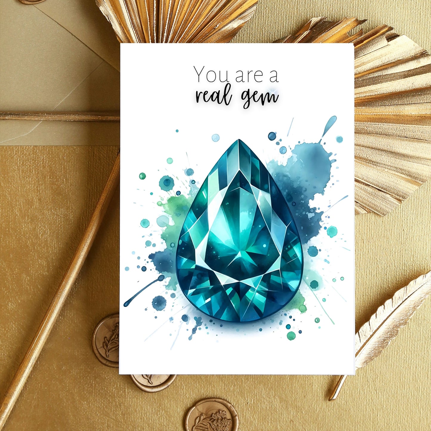 Watercolor Pear Teal Sapphire You are a Real Gem Greeting Card on gold background