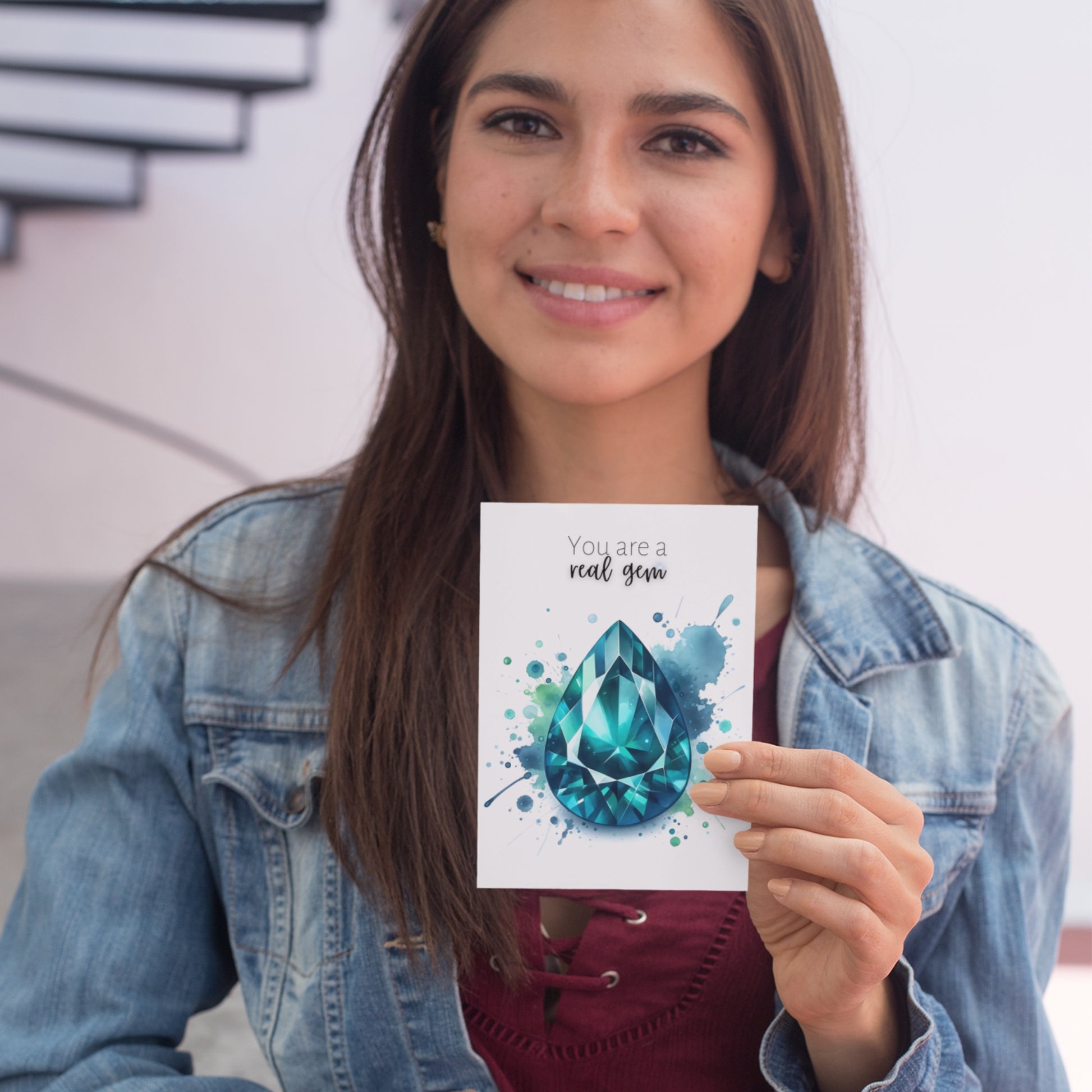 woman holding a Watercolor Pear Teal Sapphire You are a Real Gem Greeting Card