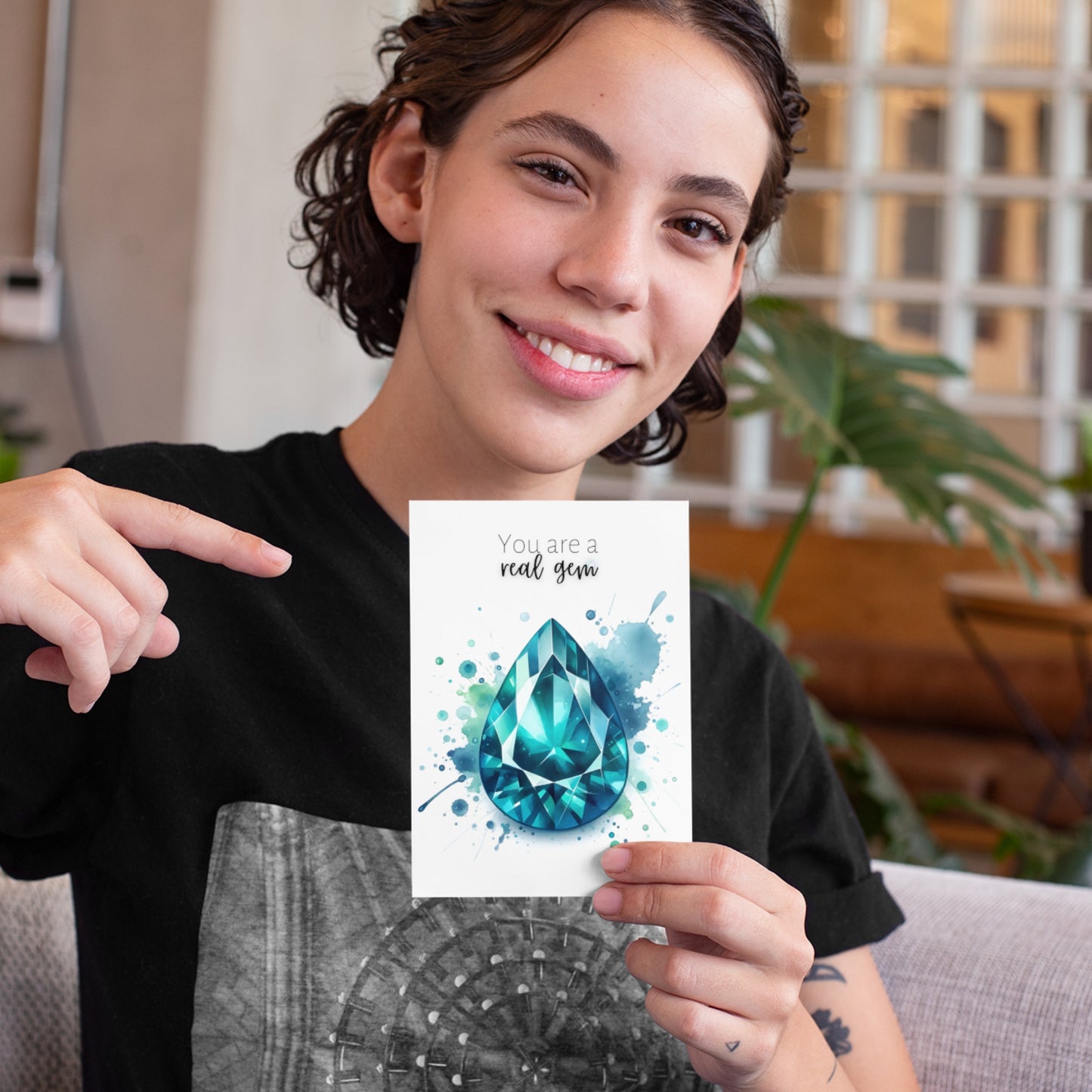 woman pointing at Watercolor Pear Teal Sapphire You are a Real Gem Greeting Card