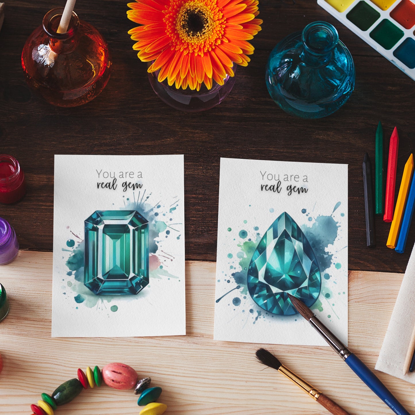 two Watercolor Teal Sapphire You are a Real Gem Greeting Cards