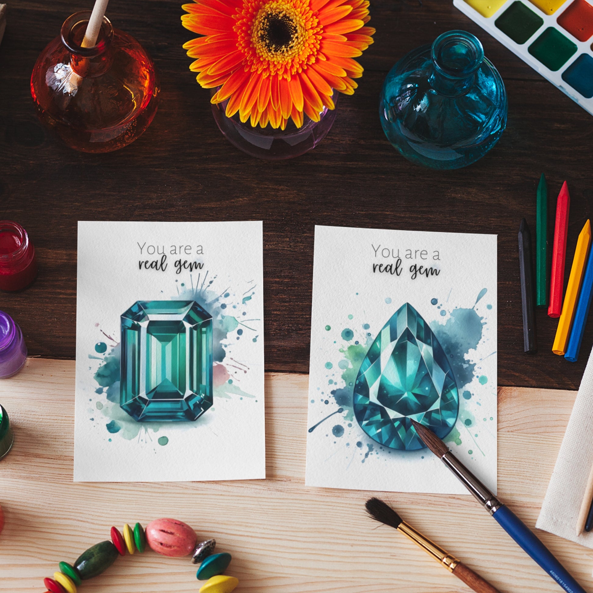 two Watercolor Teal Sapphire You are a Real Gem Greeting Cards