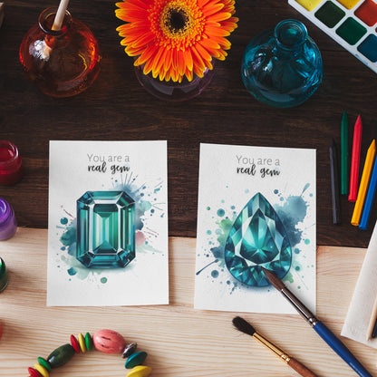two Watercolor Teal Sapphire You are a Real Gem Greeting Cards