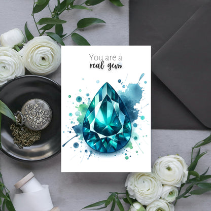 styled photo of Watercolor Pear Teal Sapphire You are a Real Gem Greeting Card